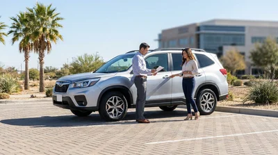 Two people exchanging keys inside a car rental parked on a sunny road in Texas