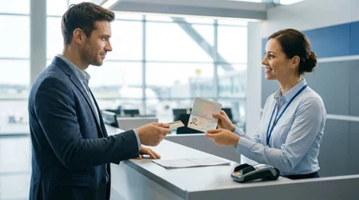 Person handing a passport to a clerk at a car rental counter in the United States