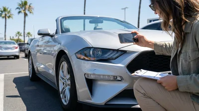 Person using a smartphone to photograph a car rental in a sunny California parking lot