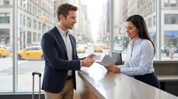 Driver holding keys in front of a car rental parked on a busy New York street