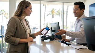 Person tapping a smartphone on a payment terminal at a car rental desk in California