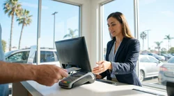 Person handing a credit card to a customer service agent at a car hire counter in California