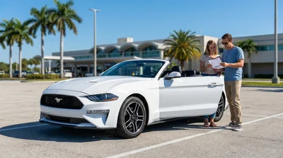 Modern car rental parked near a sunny sandy beach with palm trees in Florida