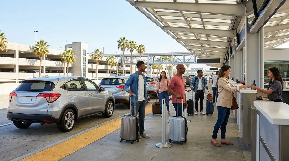 Travelers loading luggage into vehicles at a busy LAX car rental lot in Los Angeles