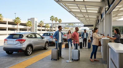 Travelers loading luggage into vehicles at a busy LAX car rental lot in Los Angeles