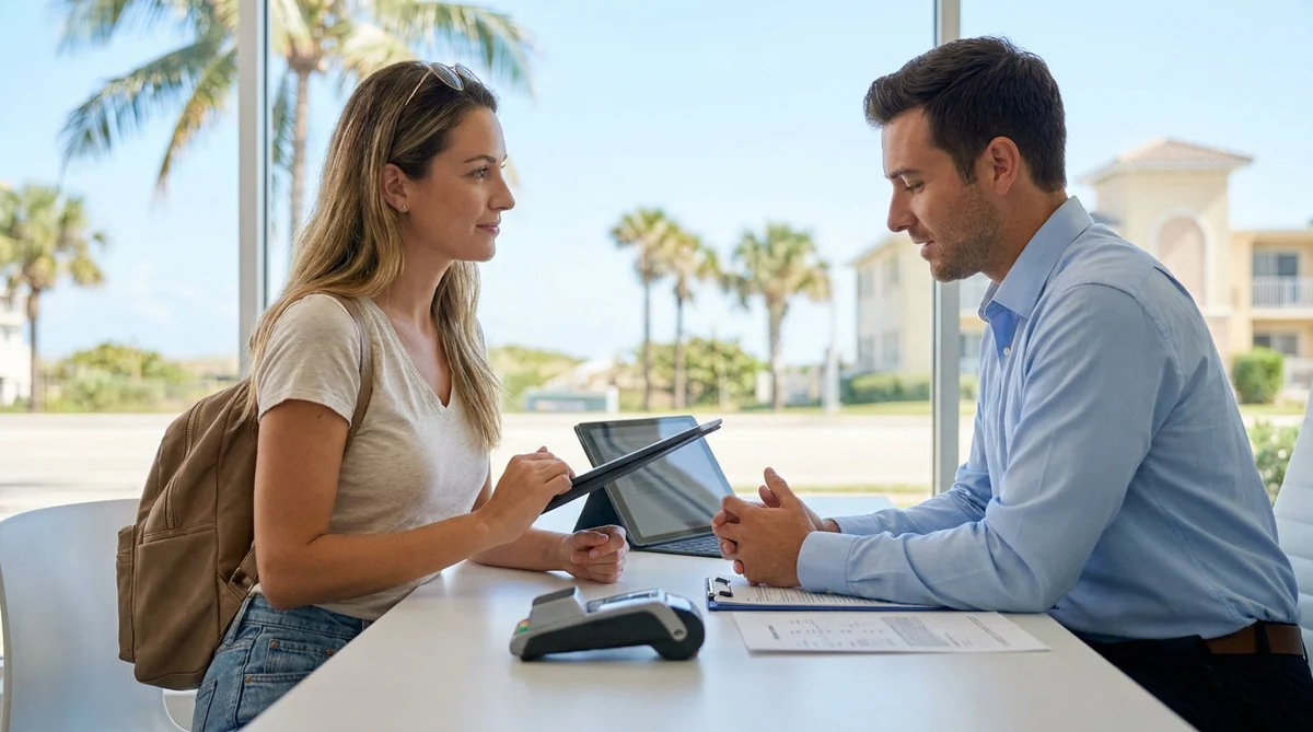 A person looking at a smartphone next to a white car rental vehicle parked under palm trees in Florida