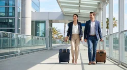 Travelers with rolling luggage walking toward a car rental shuttle bus at a sunny Los Angeles transit station