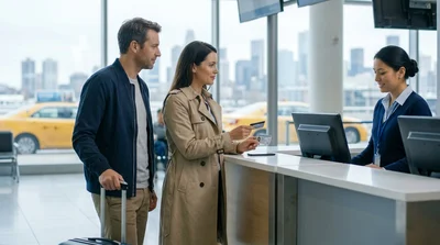 Close up of a woman handing her credit card to an agent at a New York car hire desk