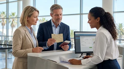Close up of a driver holding a paper driving licence at a car hire desk in Florida