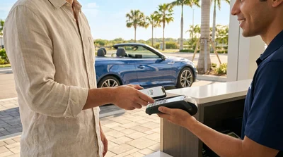 Person tapping a smartphone on a payment terminal at a Florida car hire counter