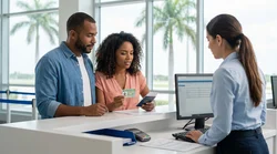 Traveler showing a driver's license at a car rental counter in Florida