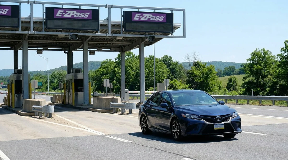 Driver in a white car rental passing through an E-ZPass toll plaza in Pennsylvania