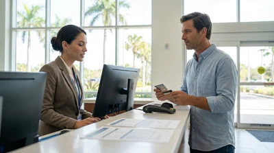 A person receiving keys from a car rental agent across a service desk in Florida