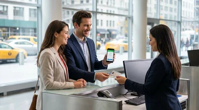Two people receiving keys at a car rental counter in a New York airport