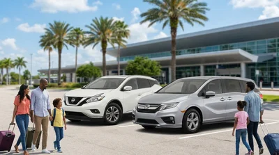 Family loading luggage into a white minivan outside a car rental office in Orlando