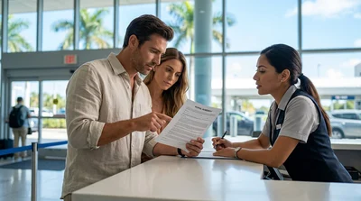 Hands reviewing a car hire agreement on a service counter with sunny Miami palm trees in the background