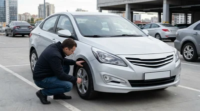 Person inspecting the interior of a car rental in a New York parking garage