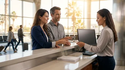 Two people handing identification documents to an agent at a car rental counter in California