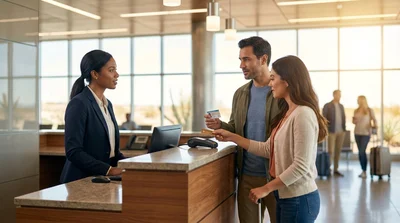 Close-up of a person handing a credit card to a clerk at a car rental desk in Texas