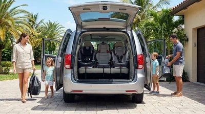 Three child seats installed in the back row of a spacious SUV car rental parked on a sunny Miami street