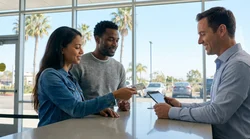 Traveler showing a driver's license to an agent at a car rental desk in sunny California
