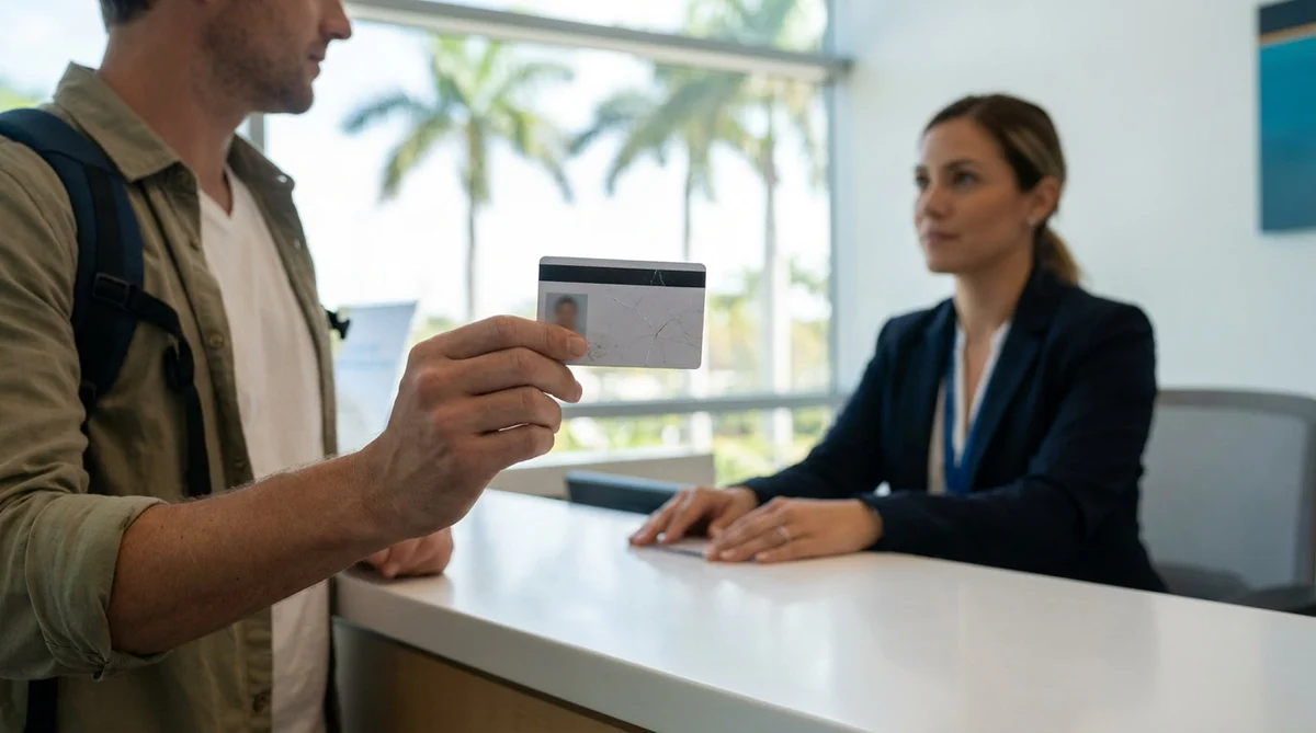 Person holding a cracked driving license at a car rental counter in Miami