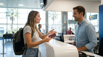 Person holding a passport and car keys at a car rental desk in Miami