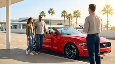Customer receiving keys from a service agent at a car rental counter in Los Angeles