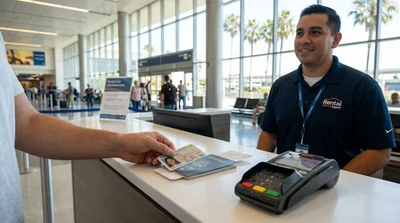 Customer handing a driver's license to an agent at a car rental desk in California