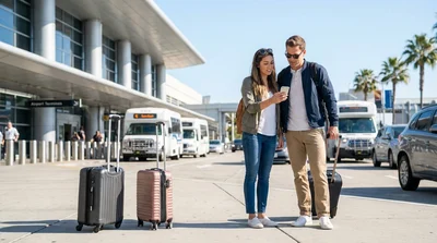 Travelers boarding a car rental shuttle bus at the Terminal 3 pickup curb in Los Angeles