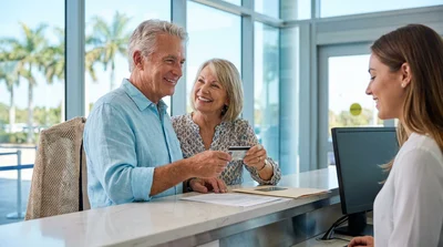 Happy senior couple driving a car hire along a scenic highway in Florida