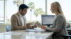 Customer presenting a driver's license to an agent at a Florida car rental counter