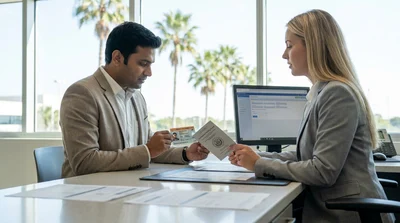 Customer presenting a driver's license to an agent at a Florida car rental counter