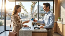 Person presenting an ID card to a clerk at a Los Angeles car rental counter