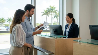 Customer showing documents to an agent at a car rental desk in Miami