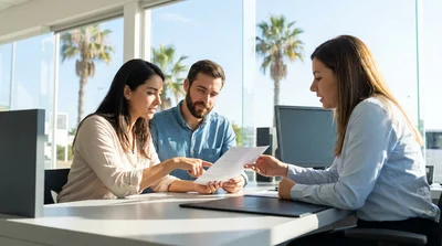 Customer receiving keys at a car rental counter in sunny Florida