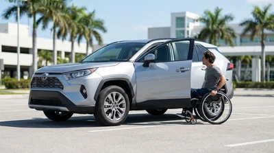 Driver using adaptive hand controls inside a car rental traveling along a sunny Florida highway