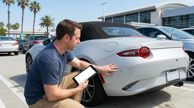 Person inspecting the exterior of a white car while holding paperwork at a California car rental lot
