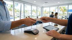 Smiling traveler showing an ID to an agent at a bright car rental counter in Miami