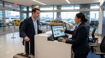 Customer receiving vehicle keys from an agent at a car rental desk in New York