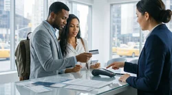 Two people handing a credit card to a clerk at a car hire desk in New York