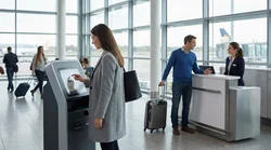 Traveler using a self-service car rental kiosk inside a New York airport terminal