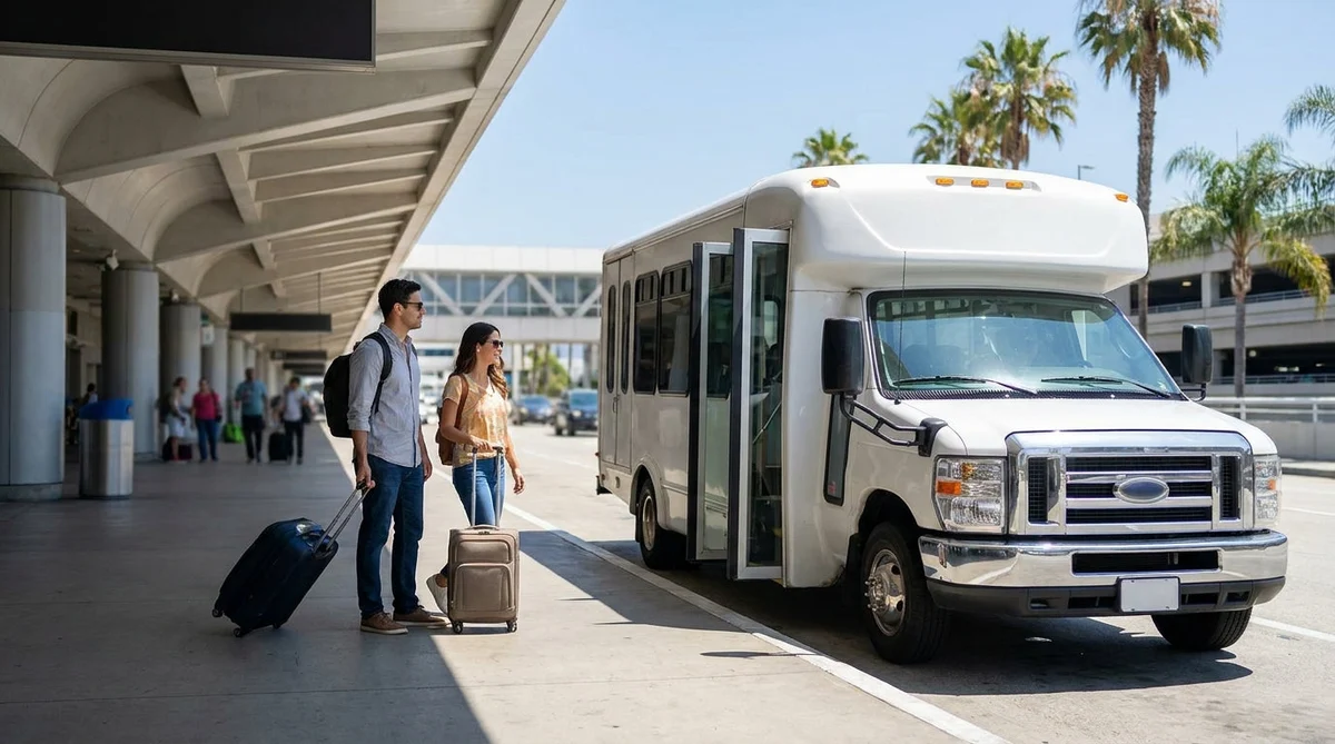Travelers with luggage waiting outside LAX Terminal 2 in Los Angeles for a car hire shuttle bus