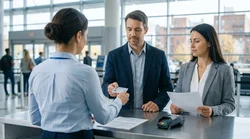 Two adults presenting their driver licenses at a car rental counter in Pennsylvania