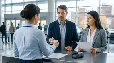 Two adults presenting their driver licenses at a car rental counter in Pennsylvania