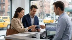 Two people presenting documents to an agent at a New York car hire desk