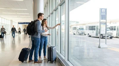 Passengers with luggage waiting for a car rental shuttle bus outside LAX Terminal 1 in Los Angeles