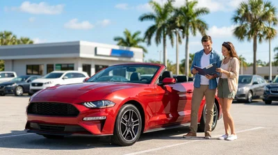 White car rental driving on a sunny highway lined with palm trees in Florida
