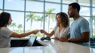 Customer handing a credit card to an agent at a Florida car rental desk