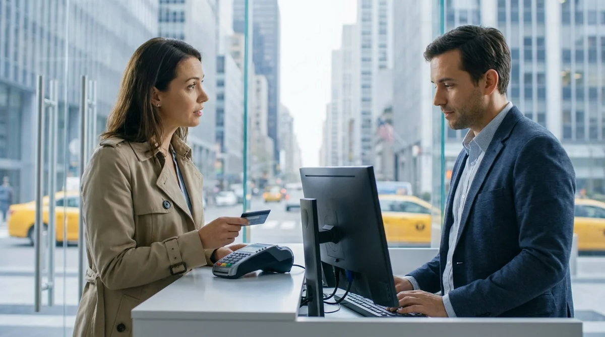 A person handing a credit card to an agent at a car rental counter in New York
